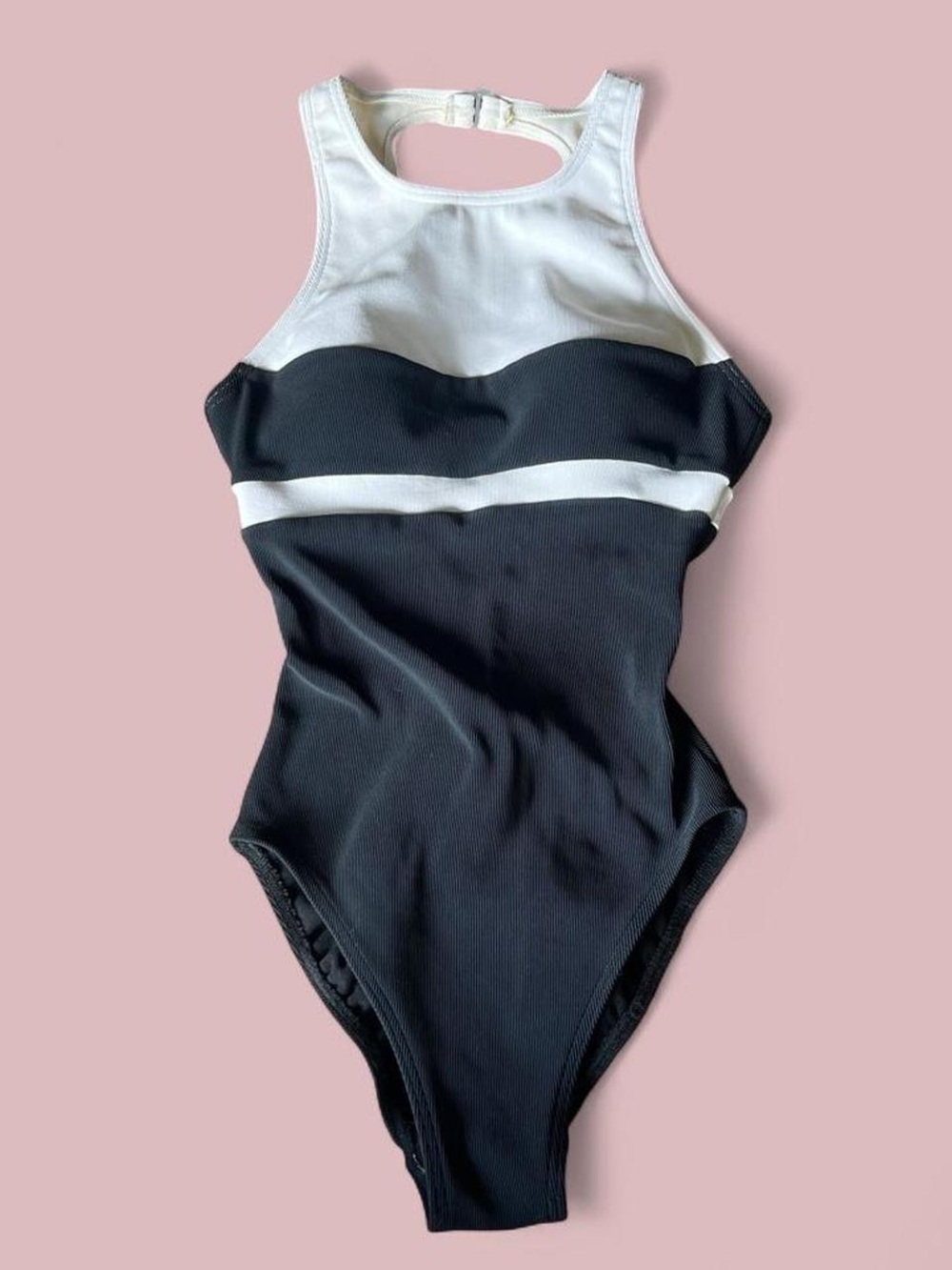90s Vintage Lands' End swimsuit white and black color-blocked one piece size 10